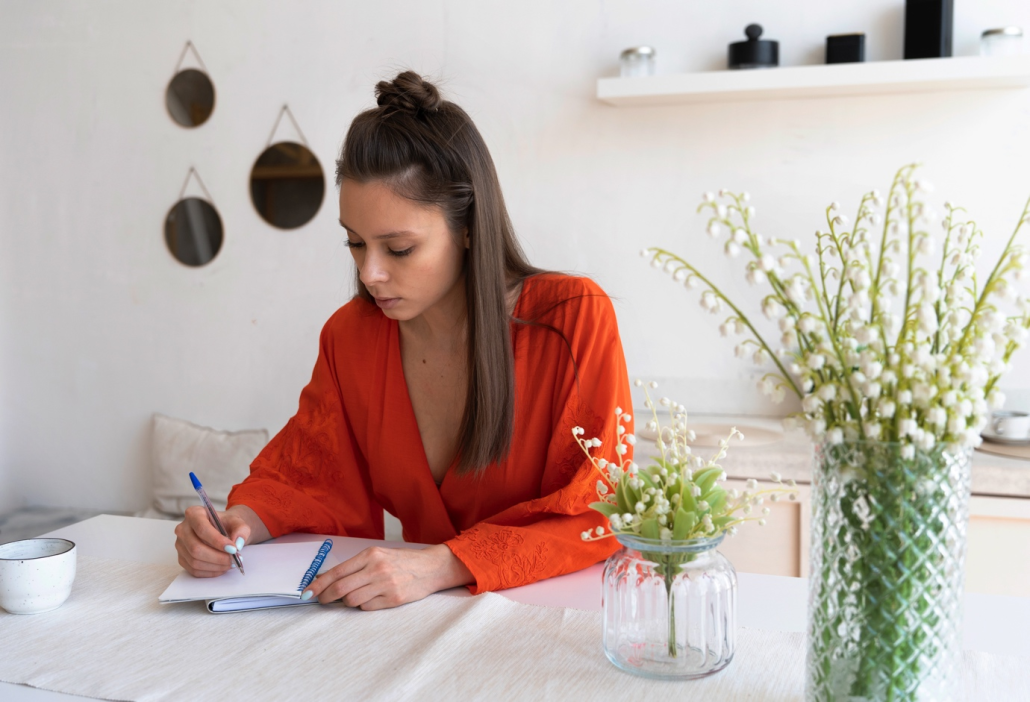 Woman writing in a recovery journal during addiction therapy.